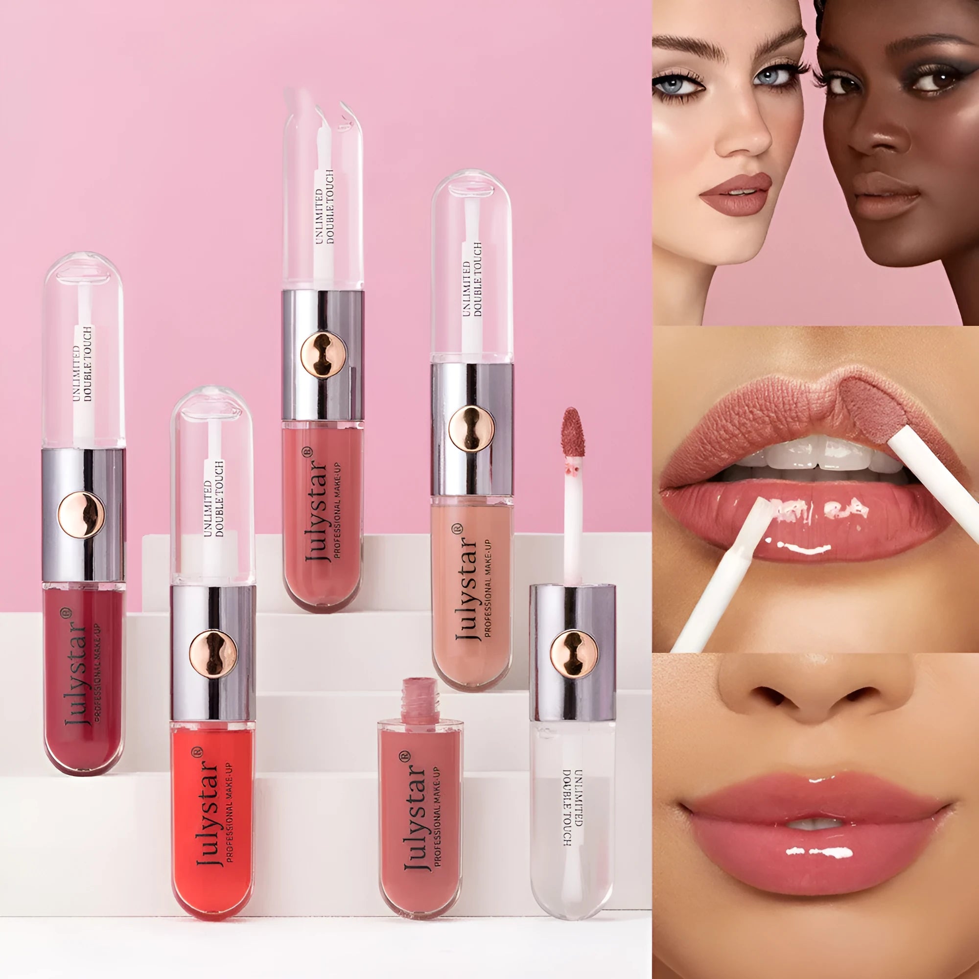 Women's lasting lip gloss tube showing available colours with 6ml moisturising formula
