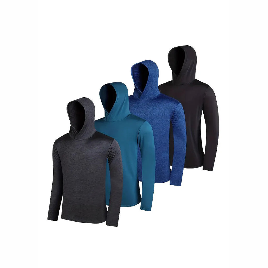 Pack of four men's lightweight hoodies in elastic polyester fibre, shown in various colours.