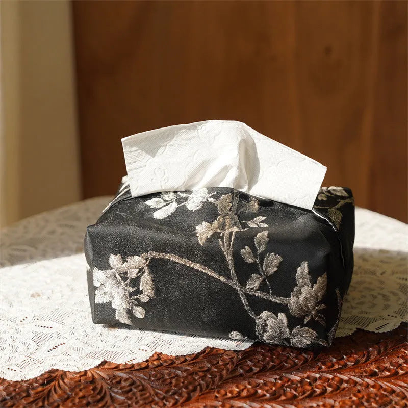 New Chinese style brocade fabric tissue box cover with white plum embroidery.