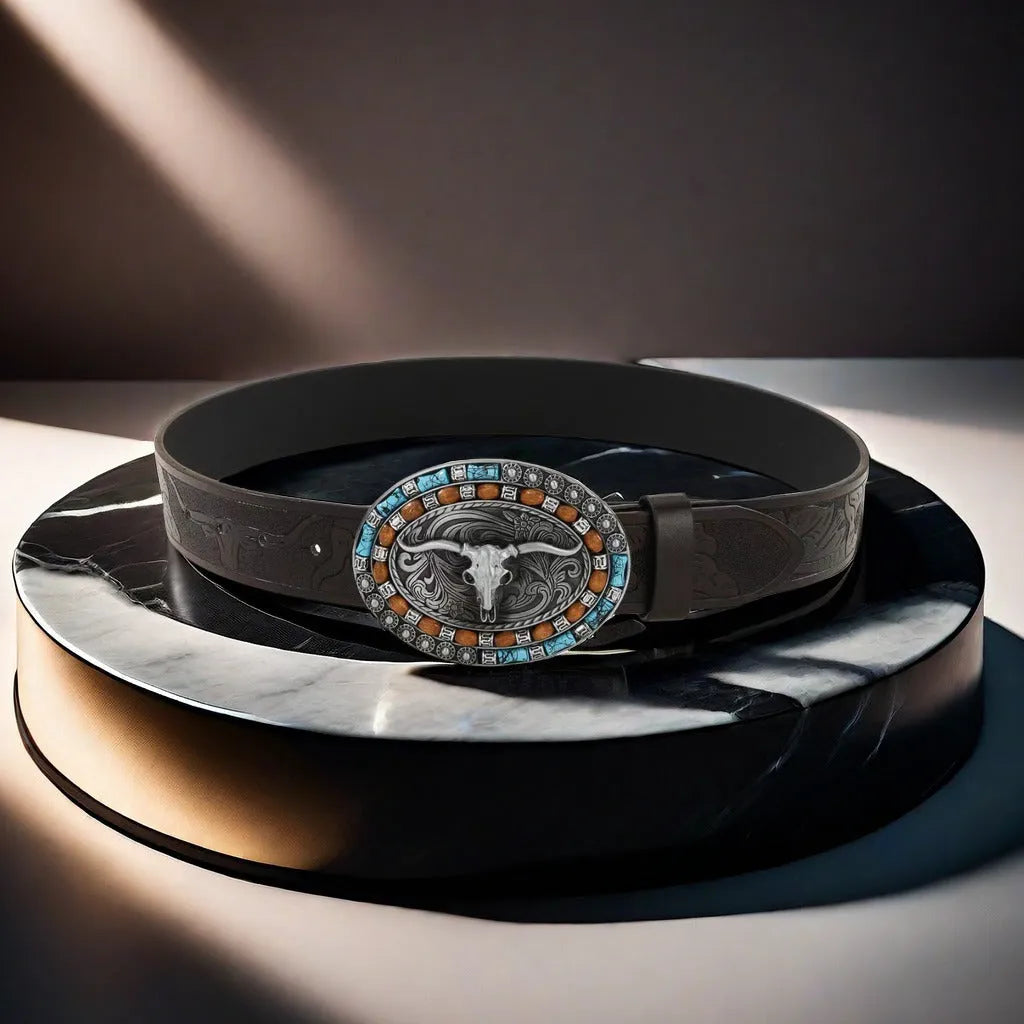 Men's brown leather-look belt with a detailed metal cow head buckle showing carved and embossed details.