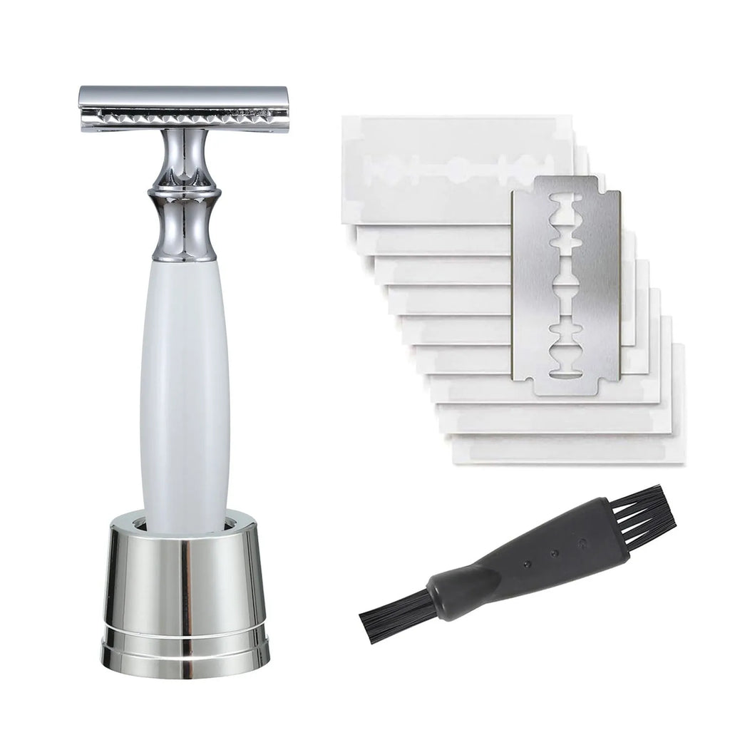 Men's copper safety razor with olive wood handle and aluminium blade holder on stand