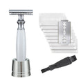 Men's copper safety razor with olive wood handle and aluminium blade holder on stand