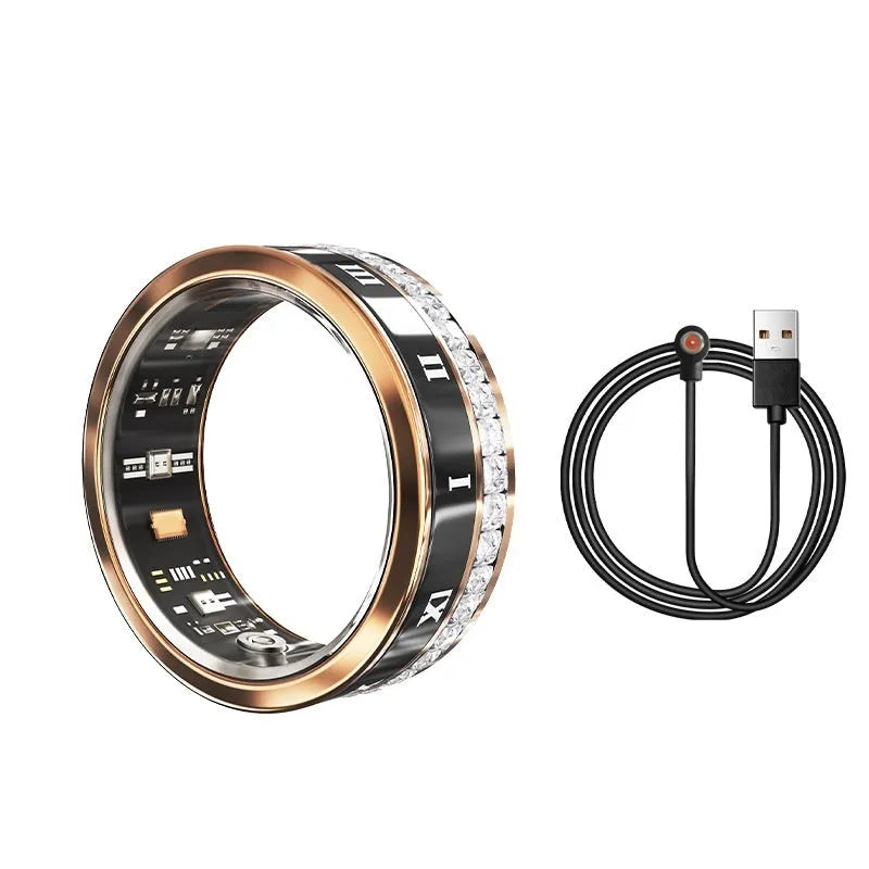 Diamond-inlaid smart ring in silver or gold with blood oxygen monitoring, shown with charging cable