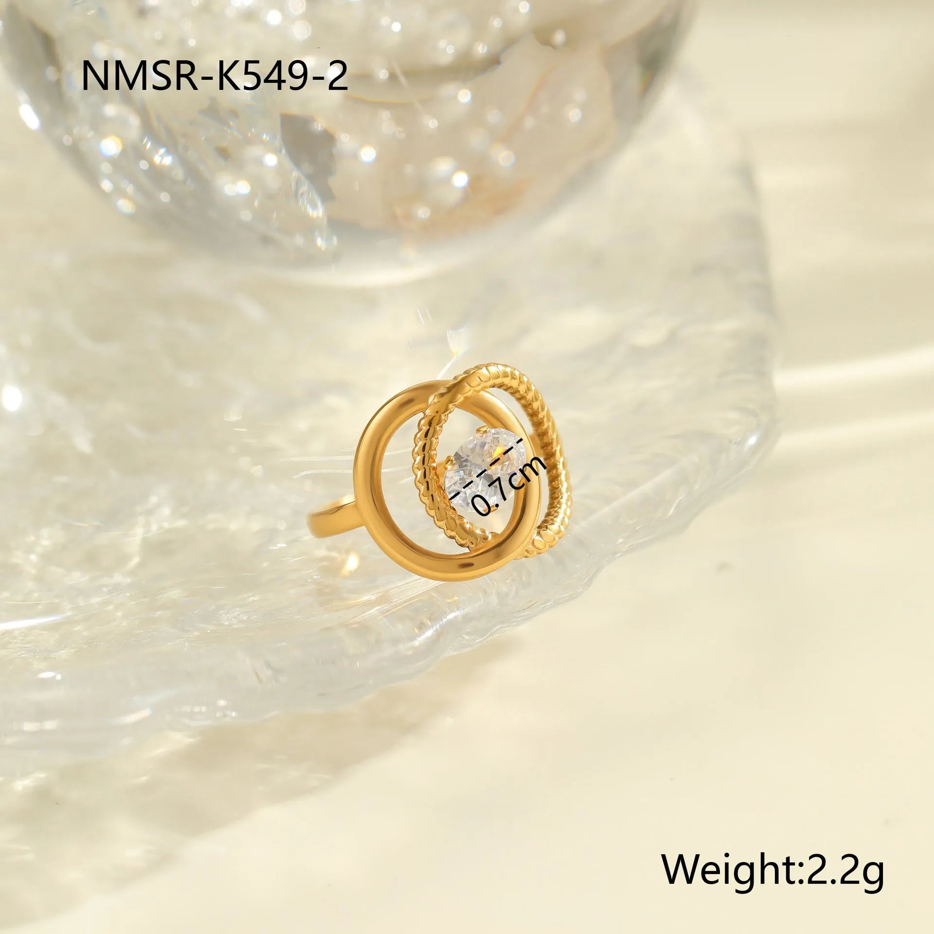 Gold electroplated stainless steel ring with zircon stones and open mouth adjustable design