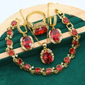 Full zircon women's jewellery suit with snake bones chain necklace, earrings, and ring in olive green or red electroplating