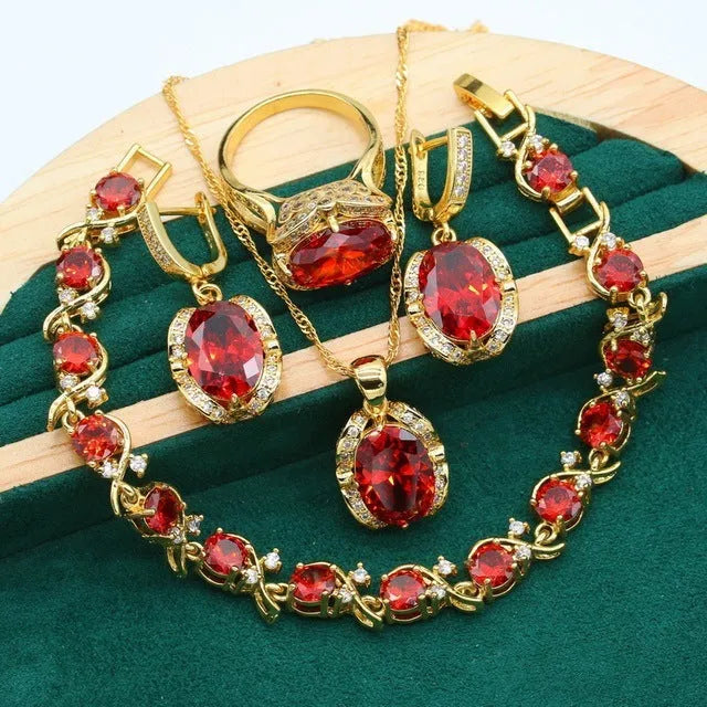 Full zircon women's jewellery suit with snake bones chain necklace, earrings, and ring in olive green or red electroplating