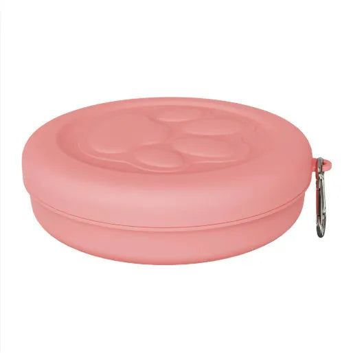 Portable plastic dog feeding bowl in green and pink colour options for outdoor use