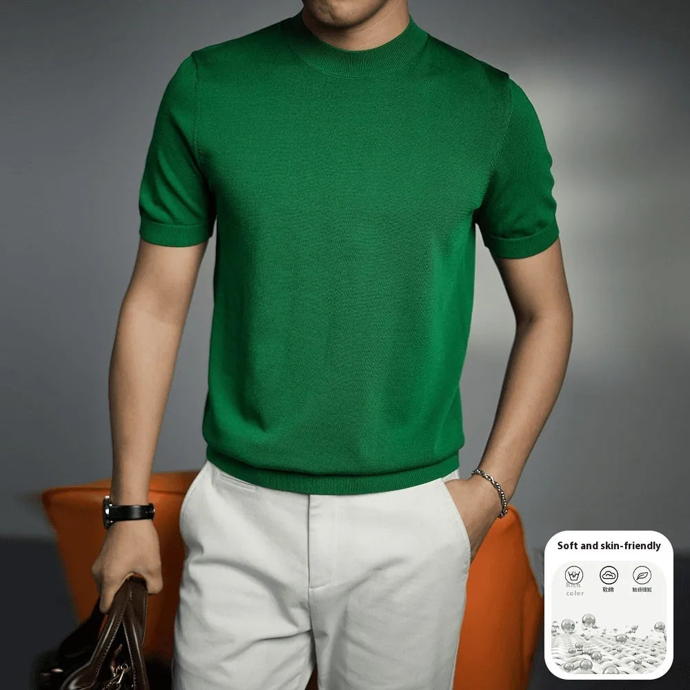 Men's knitted round neck T-shirt in chemical fibre blend with non-ironing treatment