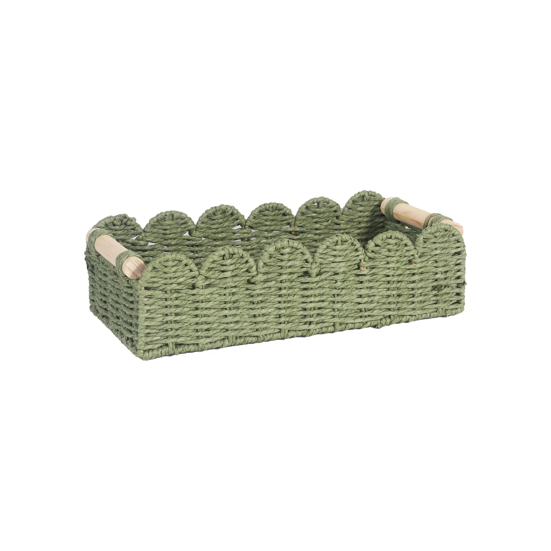 Woven paper storage basket measuring 35.5cm x 16cm x 10cm in khaki colour on desktop
