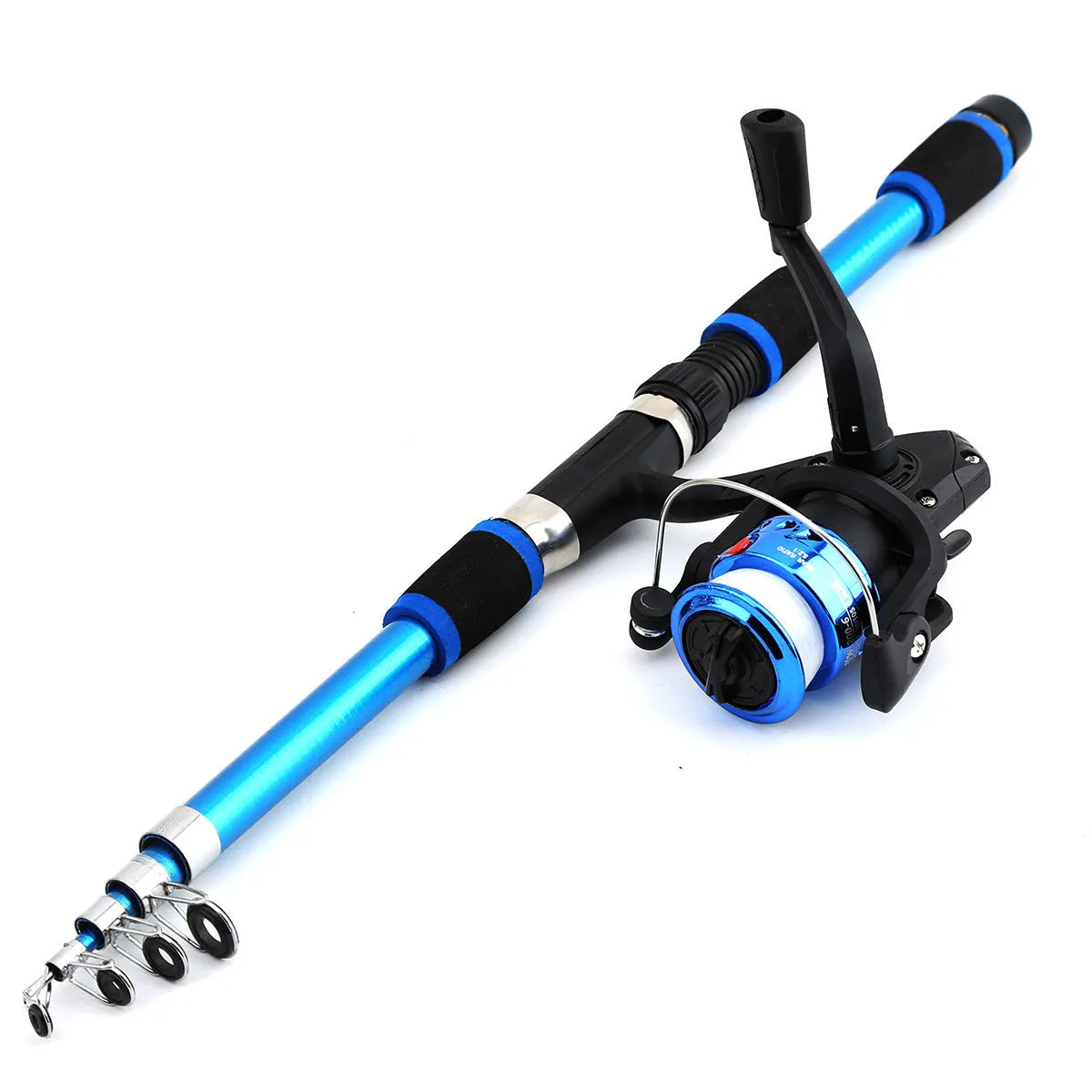 Children's fishing rod with integrated pole and wheel in blue, green, red or yellow colours