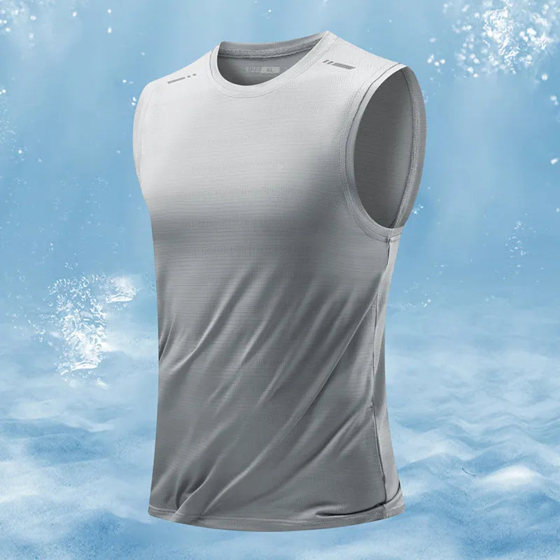 Man wearing a loose-fit, sleeveless grey waistcoat made from non-ironing bamboo fibre fabric.