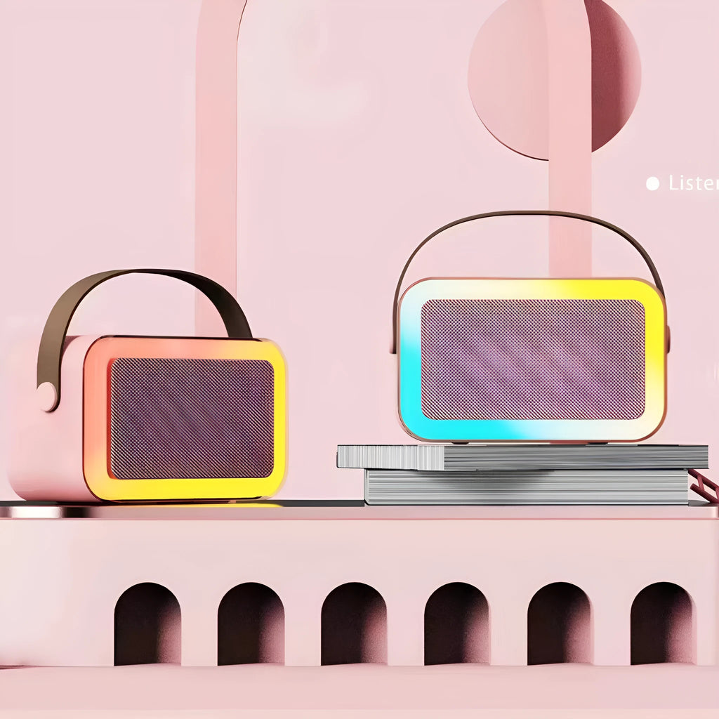 Portable white, pink, or sky blue Bluetooth karaoke microphone speaker with coloured lights.