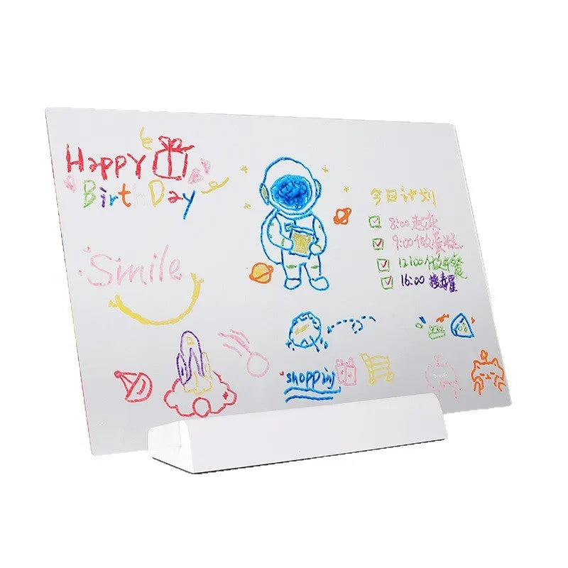 ABS acrylic RGB luminous message board with stand, crayons, and cleaning cloth on desk