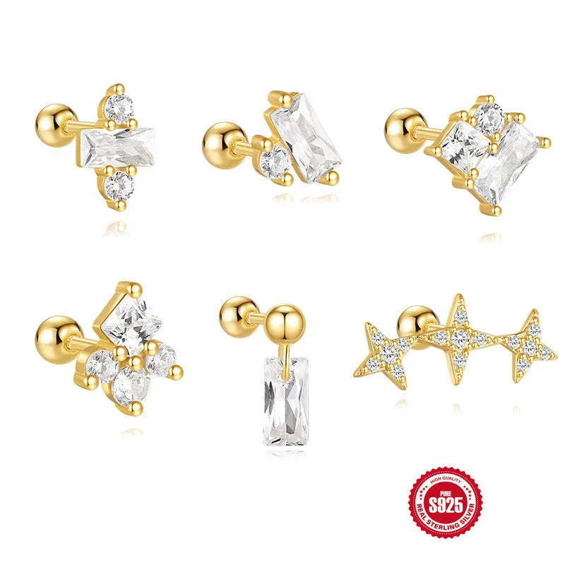S925 sterling silver stud earrings with red square gravel stones and flower design in gold finish