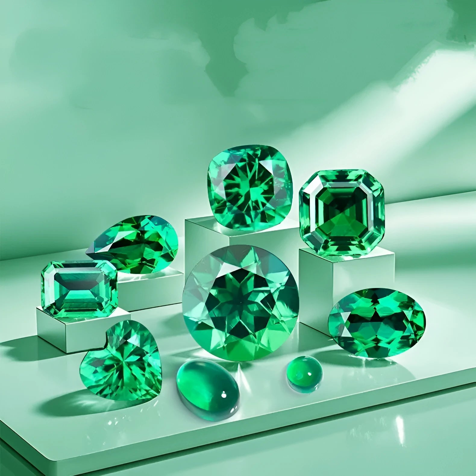 Cultivated emerald gemstone in Columbia green treasure colour showing round and rectangular cuts