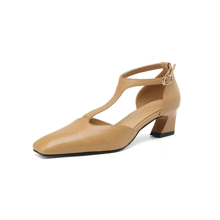 French retro square toe chunky heel sheepskin leather shoes in red colour