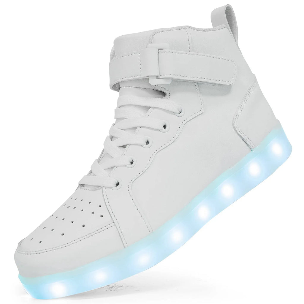 Pair of black high-top sneakers with illuminated LED lights and Velcro strap.