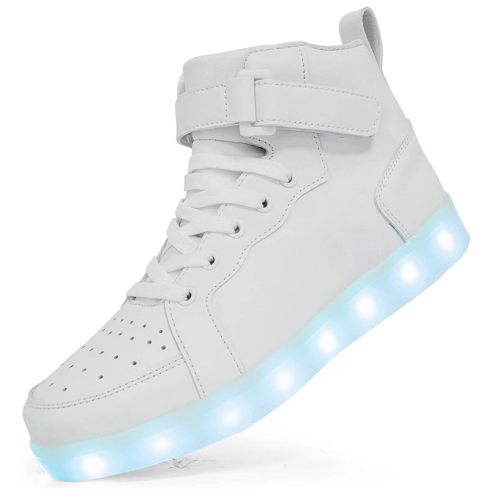 Pair of black high-top sneakers with illuminated LED lights and Velcro strap.