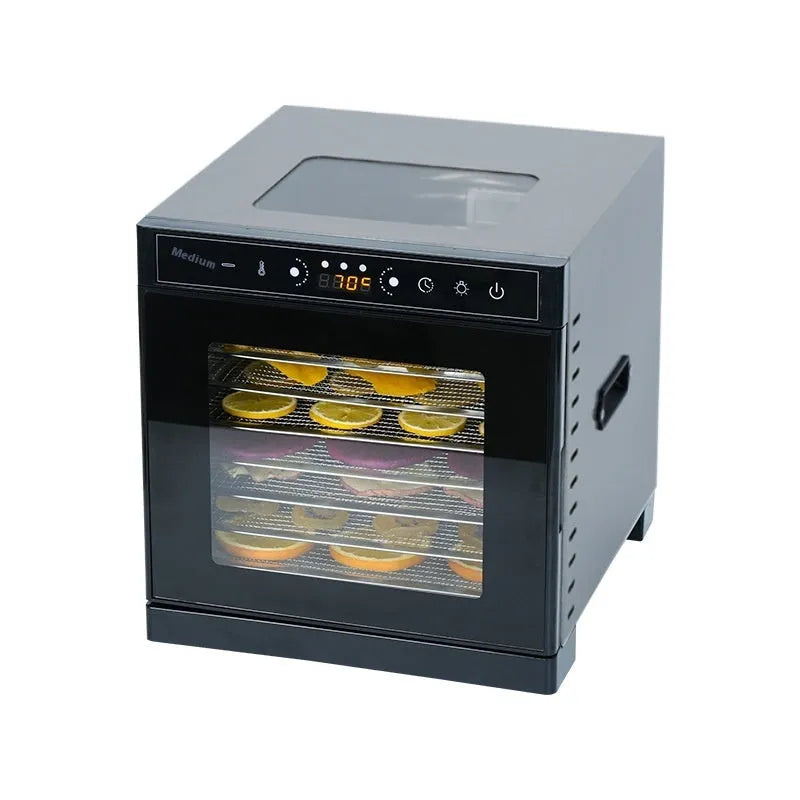 Stainless steel fruit dehydrator with visual skylight showing stacked drying trays inside