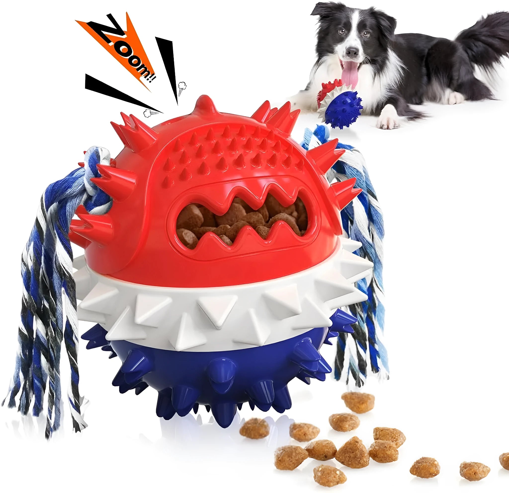 Blue and red ball-shaped dog chew toy with dental bumps and treat dispenser hole