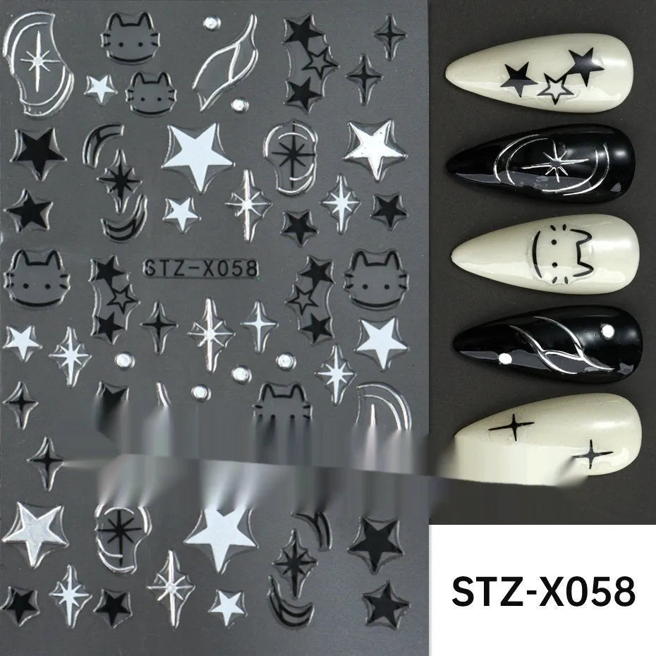 Sheet of black and silver stripe nail art stickers from a cartoon series for DIY manicures.