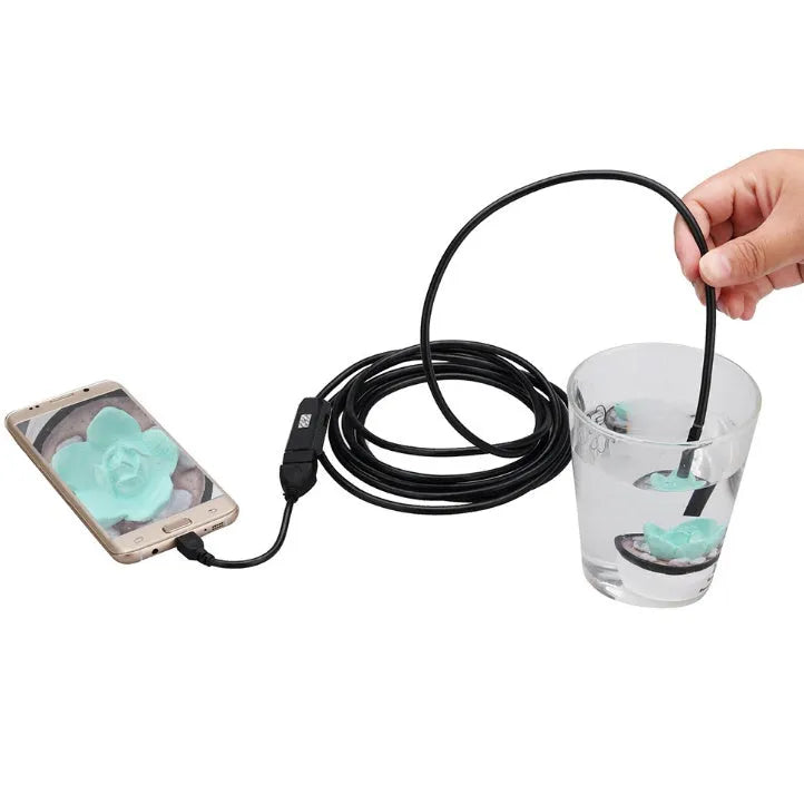 OWSOO USB endoscope camera with 5m cable, small hook, magnet, and side audition tools on a table.