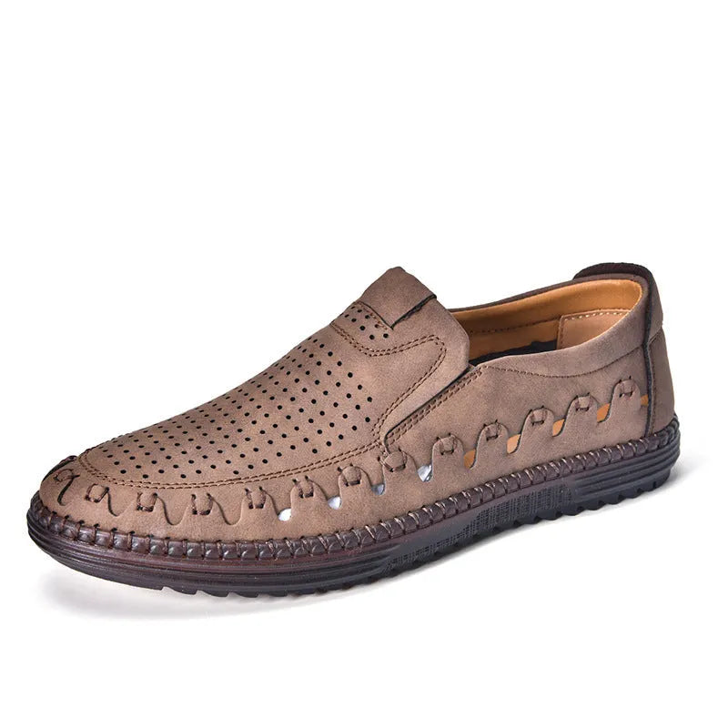 Men's brown leather slip-on casual shoes with round toe and flat PVC sole