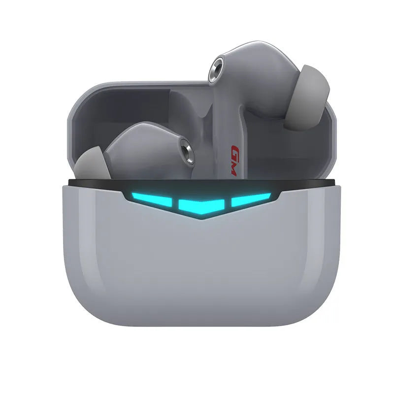 True wireless gaming earbuds and charging case in black, pink, white, or grey colours with silicone ear tips.