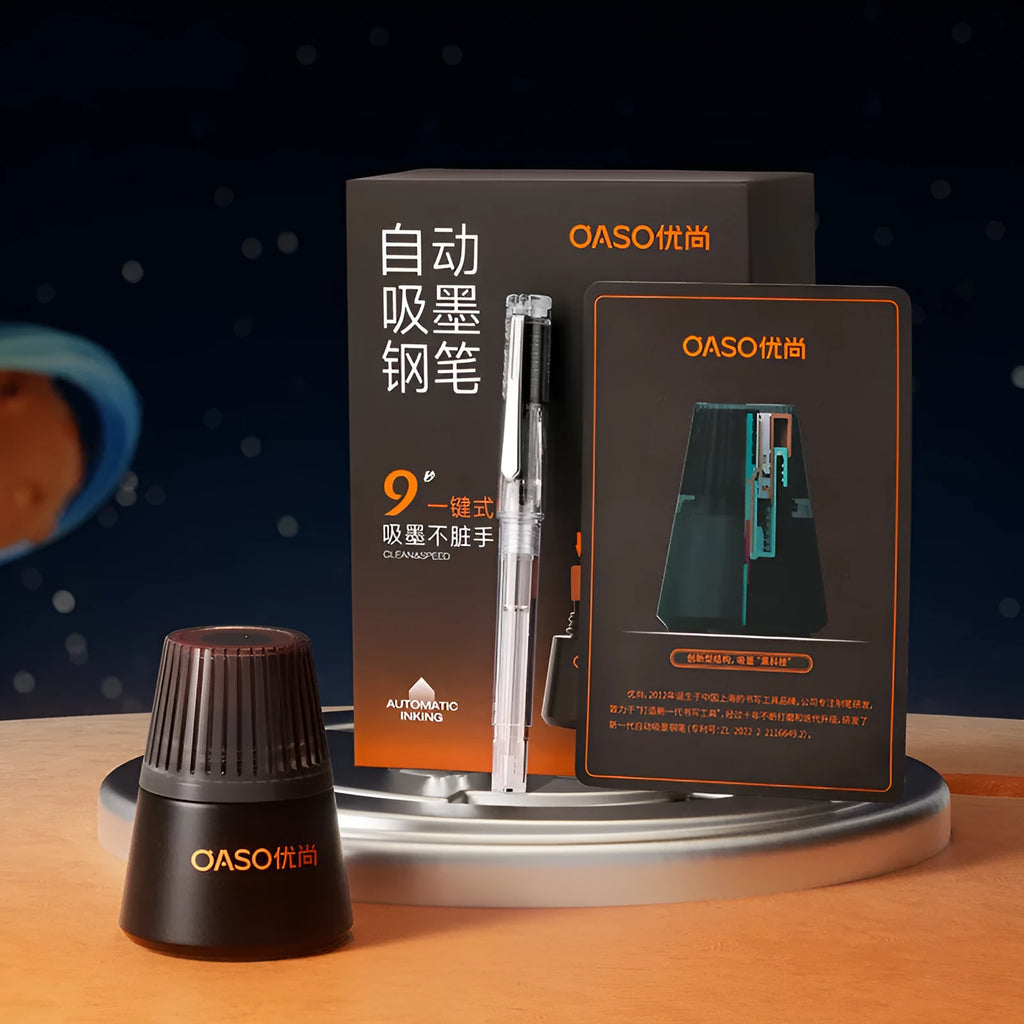 Automatic suction pen set with 0.38mm and 0.5mm pen heads, ink feeder with 40ml ink, plastic shell construction