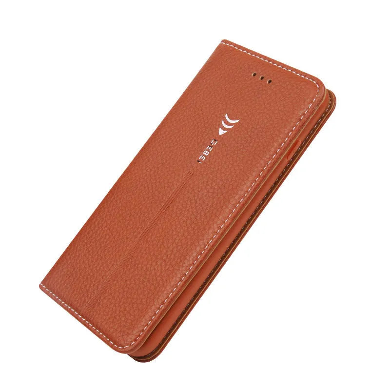 Black PU leather business wallet case for iPhone X showing card slot and cash compartment.