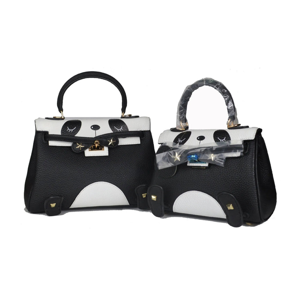 Panda print handbag in cowhide leather with sweet lady style animal pattern.