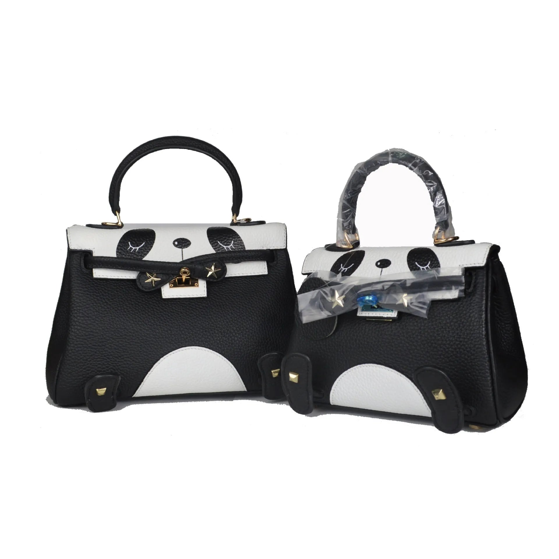 Panda print handbag in cowhide leather with sweet lady style animal pattern.