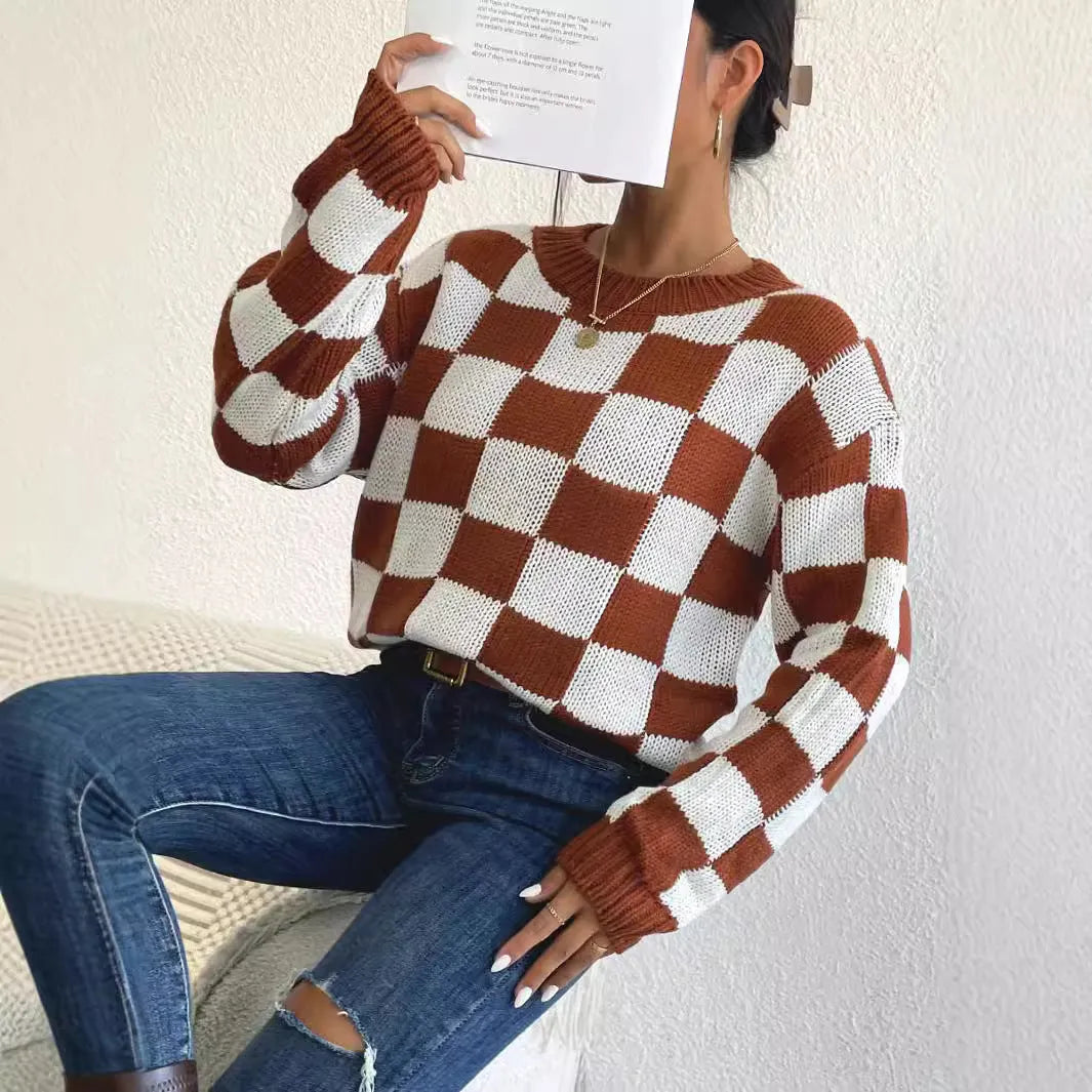 Dark brown plaid acrylic pullover sweater with loose round neck and long sleeves
