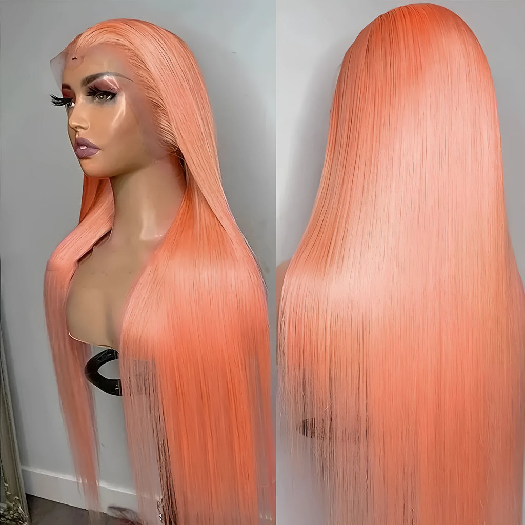 Light orange long straight front lace wig made from high-temperature fibre
