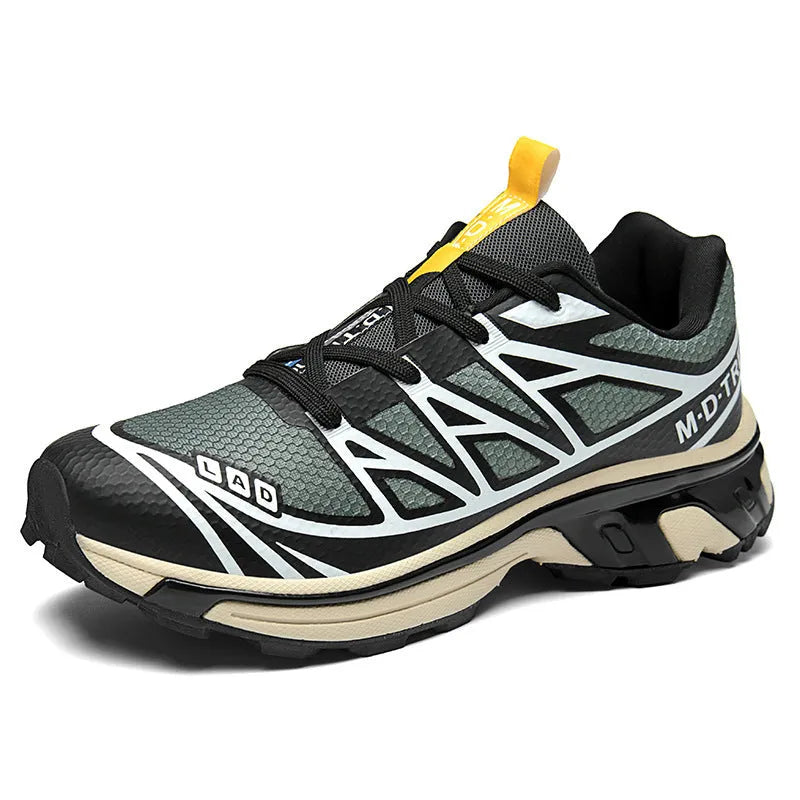 Men's and women's low top hiking shoes with artificial leather upper and rubber sole in black silver and khaki colors for outdoor tourism