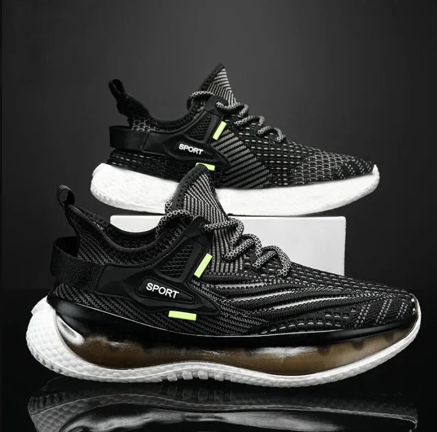 Men's white mesh platform sneakers with flat rubber sole and front lace-up closure