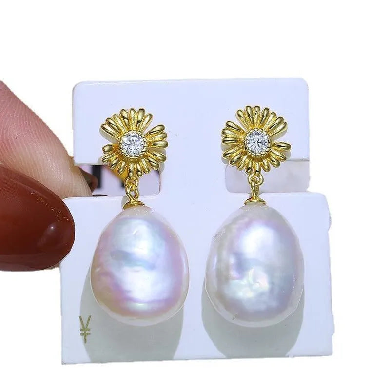 Baroque sterling silver S925 earrings with attached ring holder in gold or silver finish.