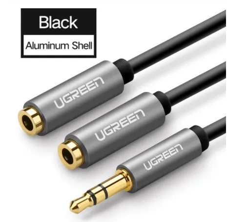 Short 0.2 metre black 3.5mm audio cable with gold-plated connectors next to grey and white colour options.