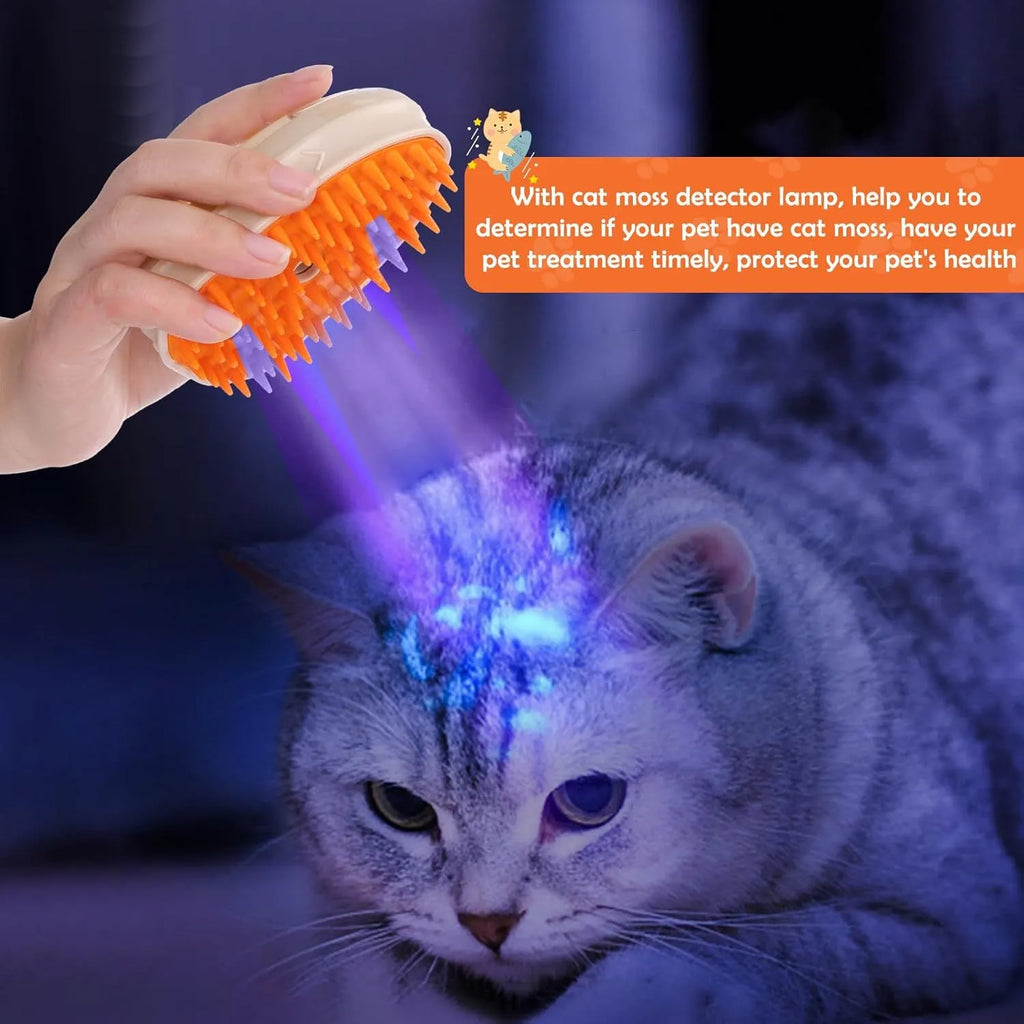 Yellow 4-in-1 cat steam brush with silicone teeth, USB charging port, water tank, and UV lamp for pet grooming.
