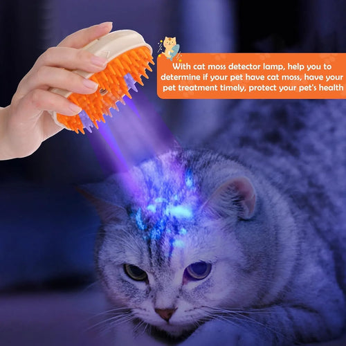 Yellow 4-in-1 cat steam brush with silicone teeth, USB charging port, water tank, and UV lamp for pet grooming.