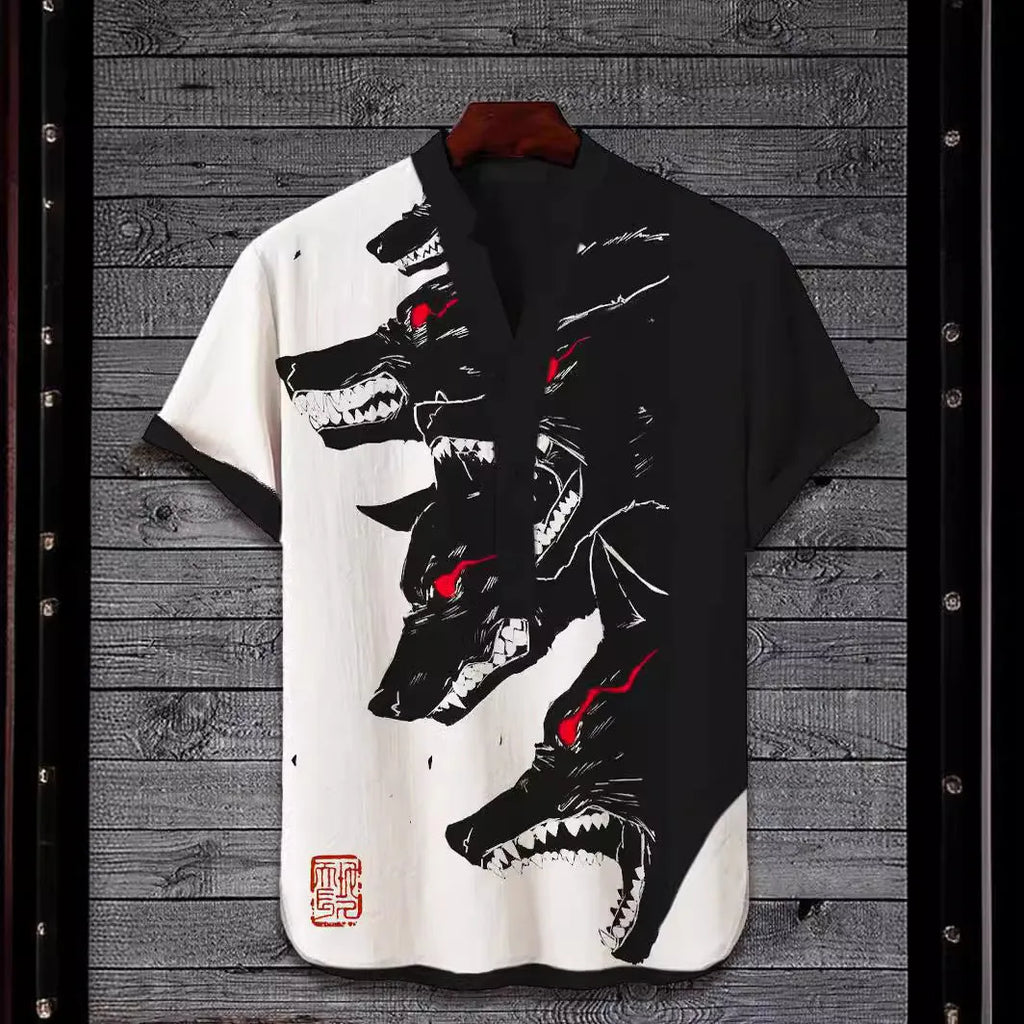 3D digital animal graphic printed on a short sleeve polyester T-shirt, shown on a hanger.