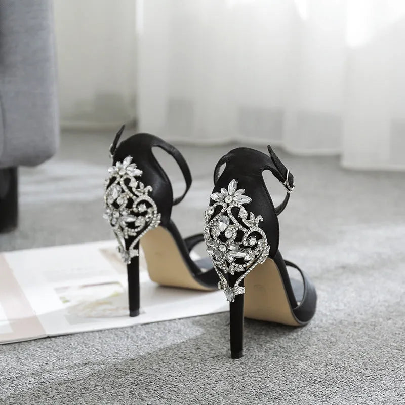 Black suede women's high heel shoes with rhinestone decoration, fishmouth toe, and a 6-8cm heel.