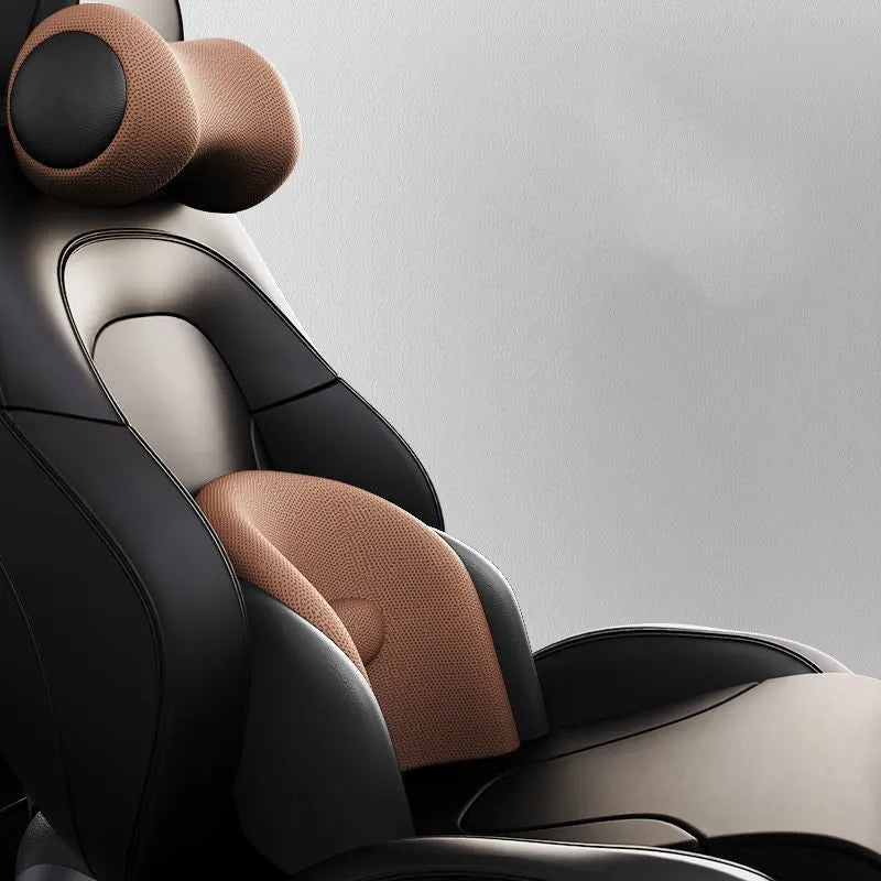 Modular car massage cushion with separate memory cotton headrest and lumbar support units in grey.