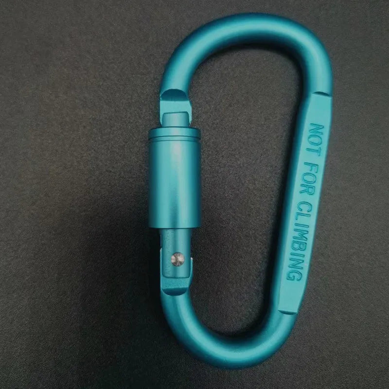 Aluminium D-type locking carabiner showing 8cm flat measurement in various colour options