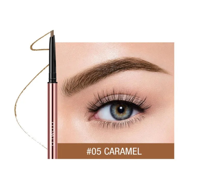 Eyebrow makeup pencil in colour box packaging showing six natural shade options