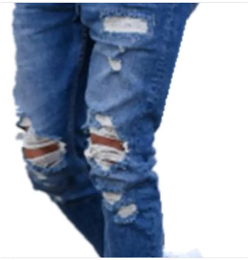 Men's deep blue cotton jeans featuring distressed hole details on the legs.