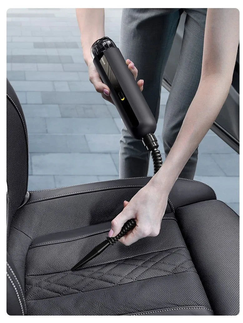 BASEUS wireless handheld car vacuum cleaner in black, white, or green with suction and blowing hose.