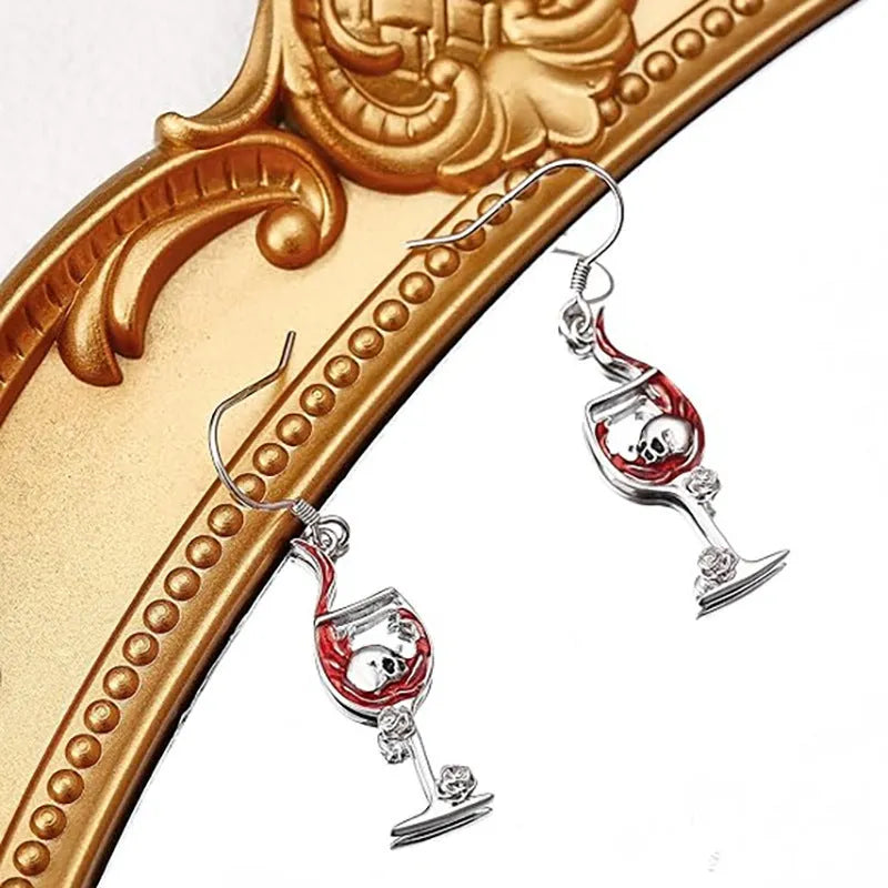 Zinc alloy Halloween earrings with geometric skull and wine glass design, electroplated metallic finish