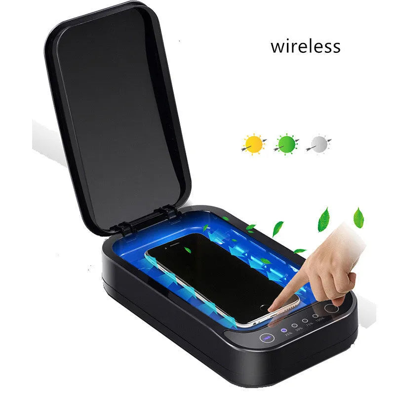 Blue and white portable UV disinfection box for mobile phones, showing compact size.