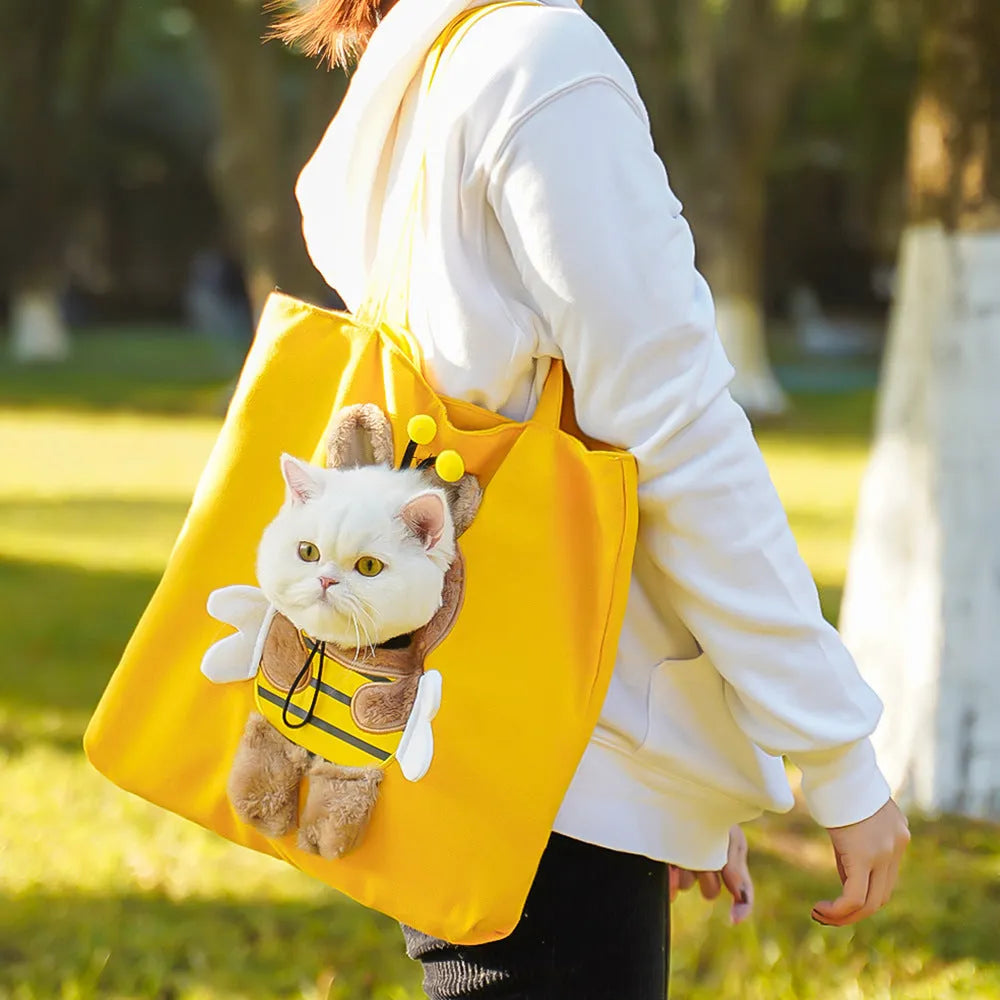 Soft canvas pet shoulder carrier bag with cartoon print for small dog or cat